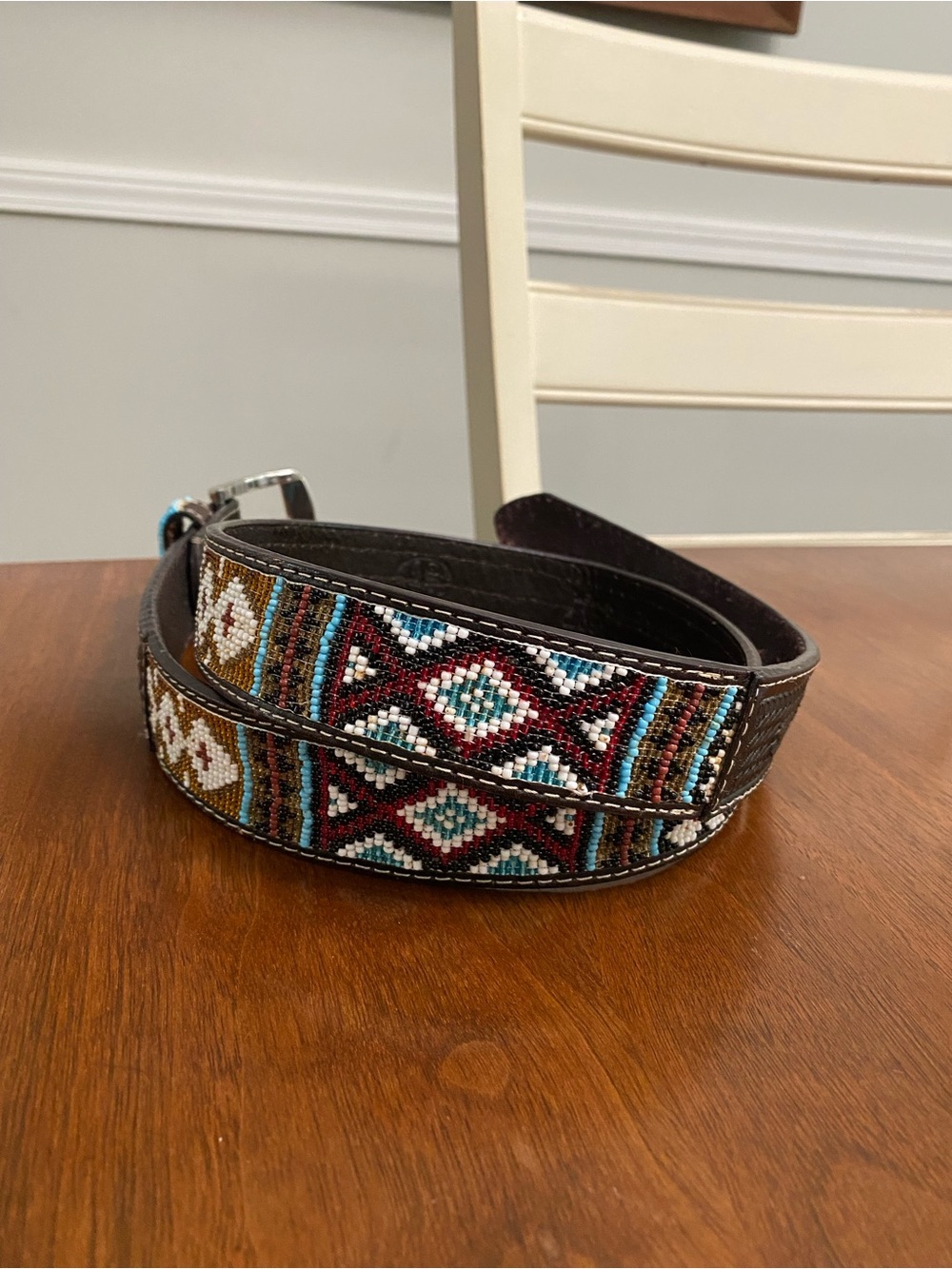 Beaded Western Southwestern Aztec Leather Belt - 40